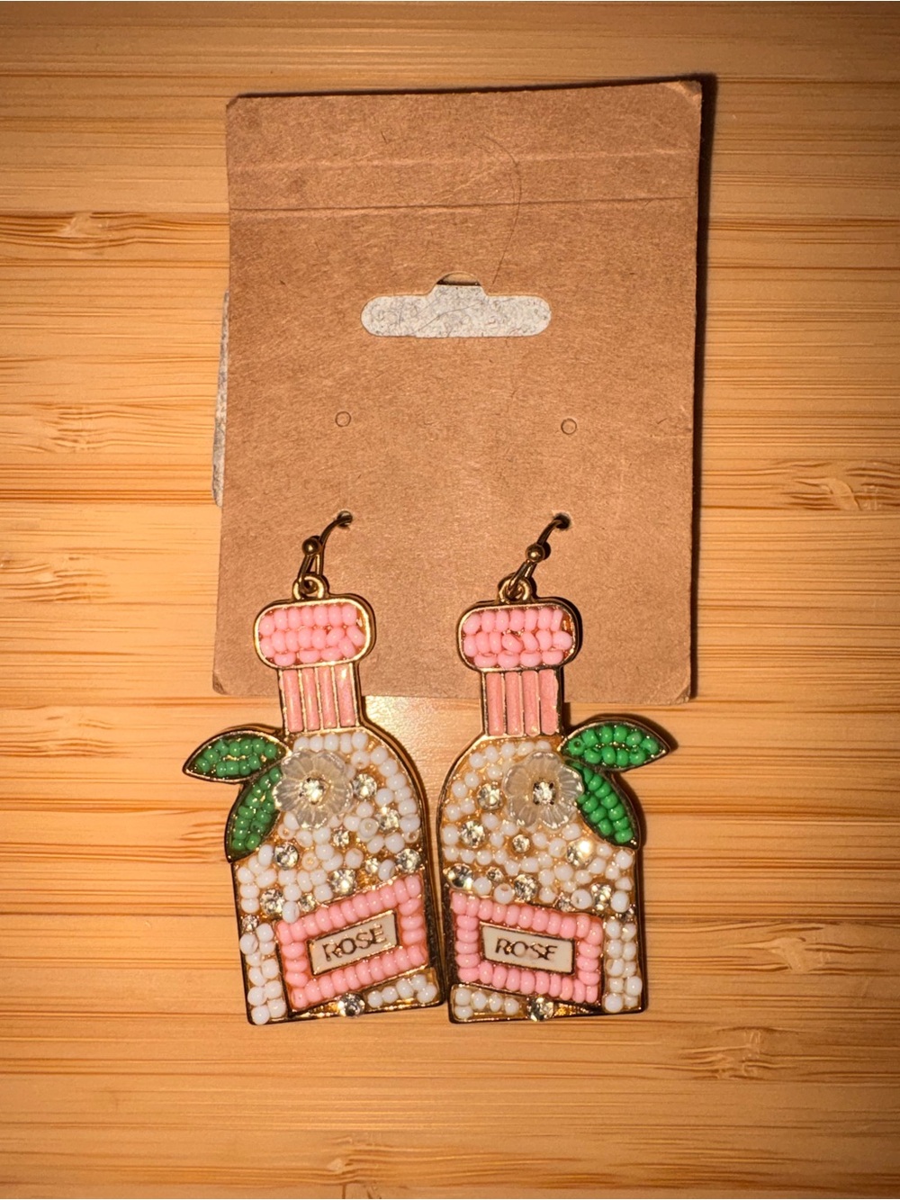 Beaded Pink Rose Bottle Drop Earrings - Women Accessories